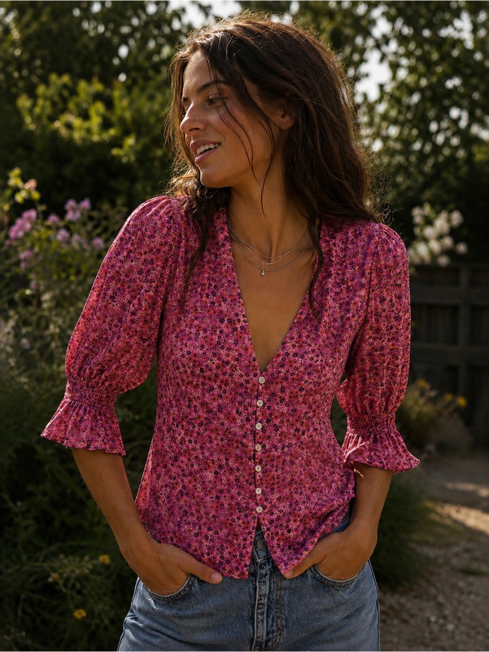 Free people found you pink floral button blouse